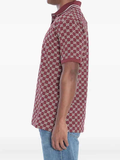 Gucci Men Red Polo Shirt With Striped Classic Collar In Gg Jacquard Cotton Man In Red
