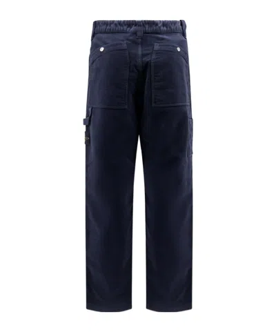 Stone Island Soft Velvet Trousers With Pockets And Loops In Blue
