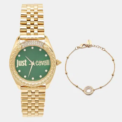 Pre-owned Just Cavalli Brillante Jc1l195m0075 Green Dial Gold Tone Stainless Steel Crystal Women's Wristwatch Set 34 Mm