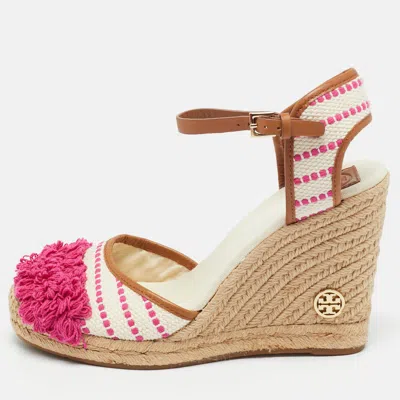Pre-owned Tory Burch Cream/pink Canvas And Leather Espadrille Wedge Sandals Size 41 In White