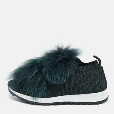 Pre-owned Jimmy Choo Green Fur And Lurex Fabric Norway Pom Pom Sneakers Size 36.5