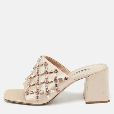 Pre-owned Miu Miu Beige Satin Crystal Embellished Block Heel Sandals Size 41
