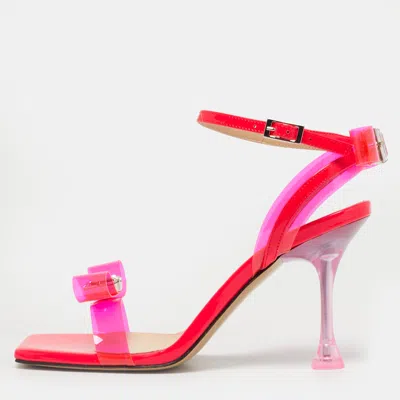 Pre-owned Mach&mach Neon Pink Pvc And Patent Leather French Bow Sandals Size 37.5