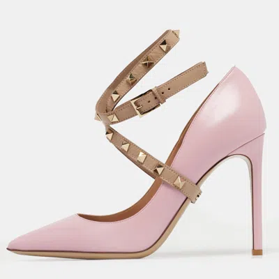 Pre-owned Valentino Garavani Pink/beige Leather Rockstud Cross Over Wrap Pumps Size 38.5