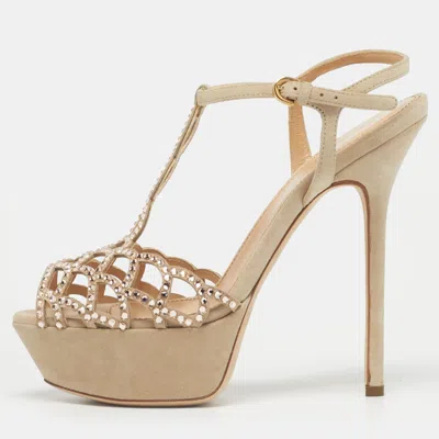 Pre-owned Sergio Rossi Grey Suede Embellished Strappy Scalloped Platform Sandals Size 36 In Gray