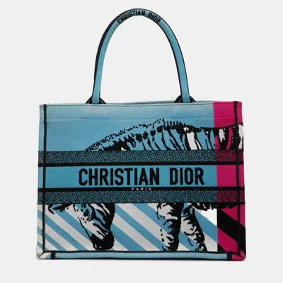 Pre-owned Dior Blue Medium Embroidered Canvas Zebra D Jungle Pop Book Tote