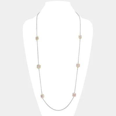 Fashnzfab 14k Gold Plated Two Tone Stone Paved Square Pendant Station Long Necklace In Multi