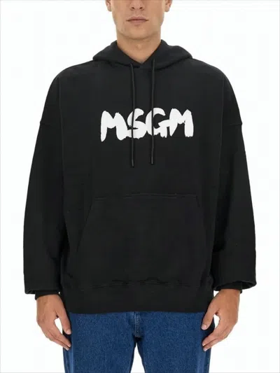 Msgm Relaxed Fit Black Hoodie With Bold Logo In Black
