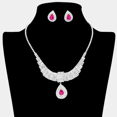Fashnzfab Teardrop Stone Pointed Rhinestone Paved U Shaped Necklace 14" + 3.5" In Pink