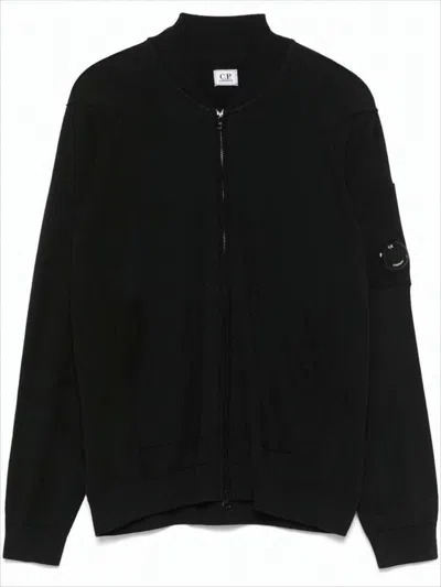 C.p. Company Black Zip-up Cardigan With Ribbed Detailing In Black