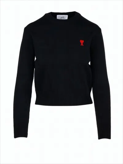 Ami Alexandre Mattiussi Cropped Black Merino Wool Sweater With Embroidered Heart In Black