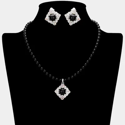 Fashnzfab Pearl Centered Stone Paved Pendant Pointed Necklace In Black