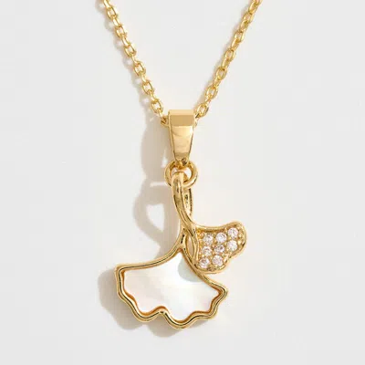 Fashnzfab 14k Gold Dipped Cz Stone Paved Mother Of Pearl Ginkgo Leaf Pendant Necklace In Gold