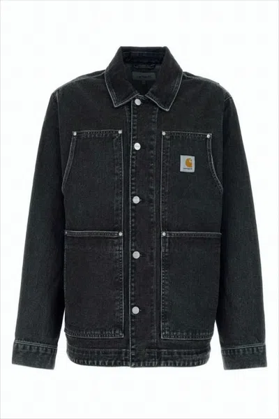 Carhartt Washed Black Organic Cotton Denim Jacket With Boxy Silhouette In Black