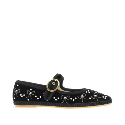 Valentino Signature Vlogo Ballerina Shoes In Velvet In Black