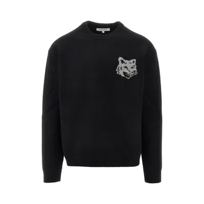 Maison Kitsuné Crew Neck Sweater With Large Fox Embroidery Black In Black