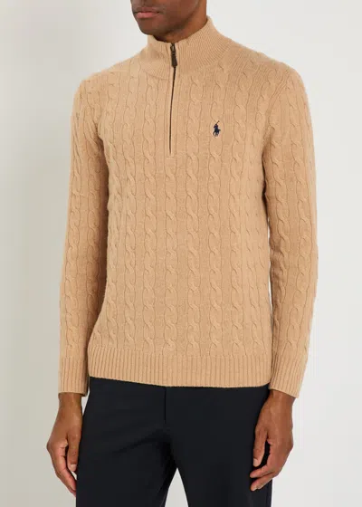 Polo Ralph Lauren Logo-embroidered Cable-knit Wool And Cashmere-blend Half-zip Sweater In Brown