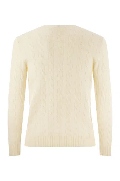 Polo Ralph Lauren White Cable Knit Crewneck Sweater With Pony Embroidery On The Front In Wool And Cashmere Man In Neutral