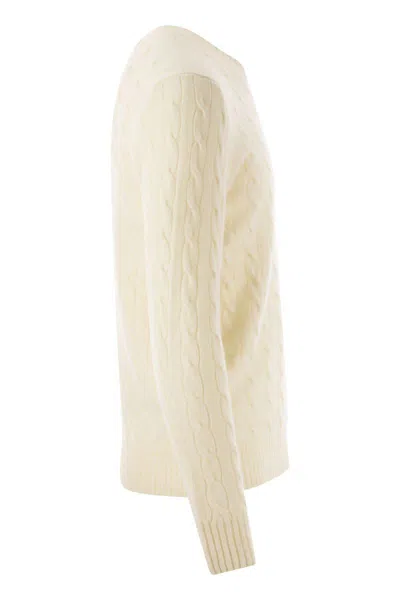 Polo Ralph Lauren White Cable Knit Crewneck Sweater With Pony Embroidery On The Front In Wool And Cashmere Man In Neutral