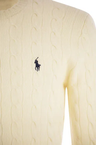 Polo Ralph Lauren White Cable Knit Crewneck Sweater With Pony Embroidery On The Front In Wool And Cashmere Man In Neutral