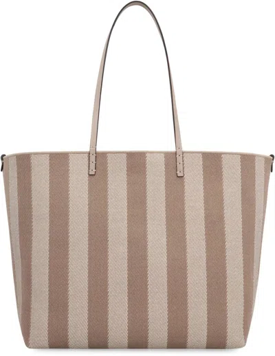 Fendi Pequin Striped And Ff Fabric Roll Large Reversible Shopper In Gray
