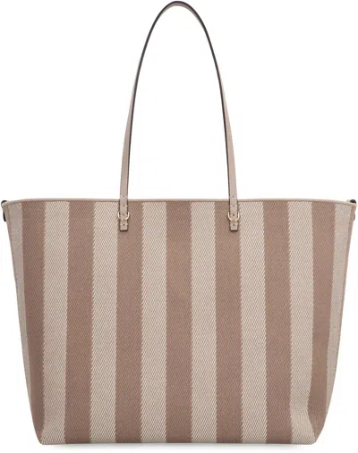 Fendi Pequin Striped And Ff Fabric Roll Large Reversible Shopper In Gray