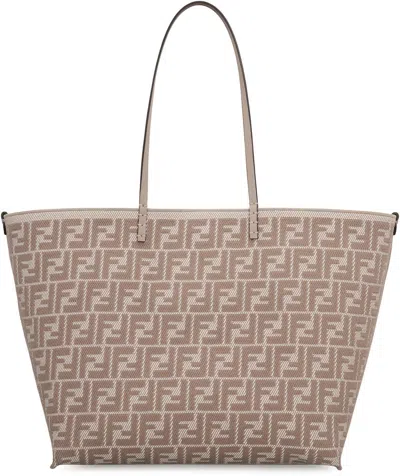 Fendi Pequin Striped And Ff Fabric Roll Large Reversible Shopper In Gray