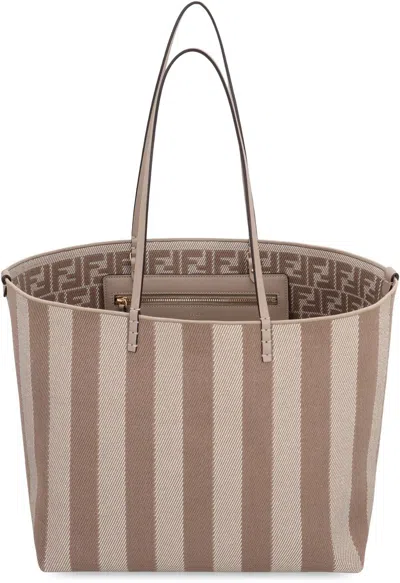 Fendi Pequin Striped And Ff Fabric Roll Large Reversible Shopper In Gray