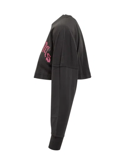 Palm Angels Black Crop Sweatshirt With Pink Logo In Black