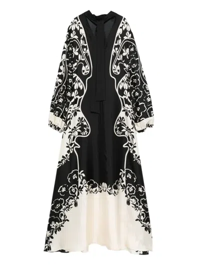 Raquel Diniz Floral Silk Kaftan Balloon Sleeves In Black