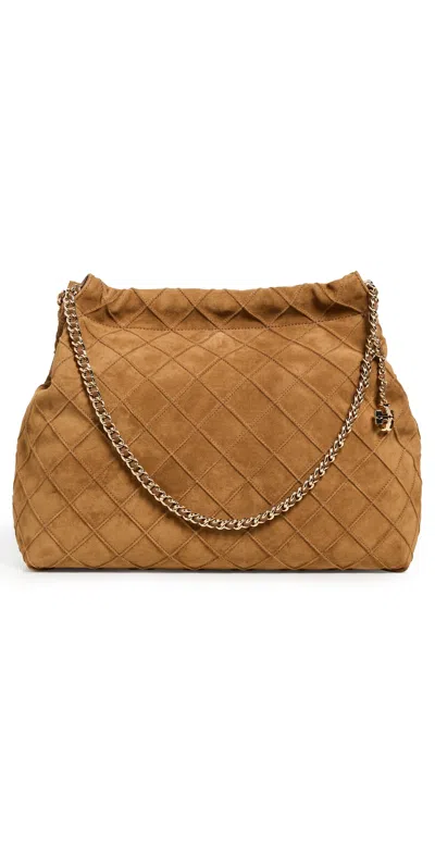 Tory Burch Fleming Soft Quilted Suede Hobo Bag In Brown