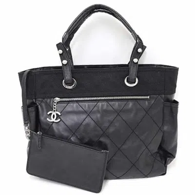 Pre-owned Chanel Paris Biarritz Black Coated Canvas Leather Shoulder Bag Tote Bag ()