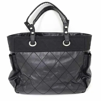 Pre-owned Chanel Paris Biarritz Black Coated Canvas Leather Shoulder Bag Tote Bag ()