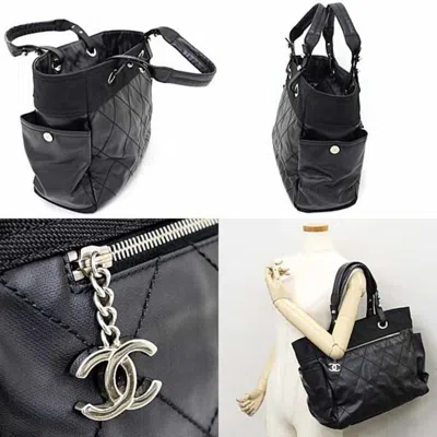 Pre-owned Chanel Paris Biarritz Black Coated Canvas Leather Shoulder Bag Tote Bag ()
