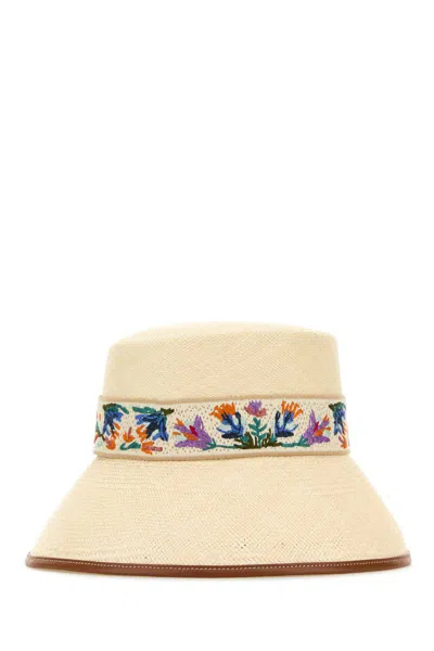Valentino Light Beige Straw Bucket Hat In Gold