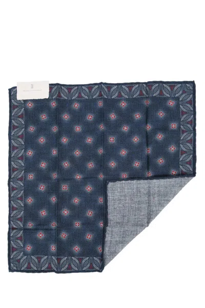 Brunello Cucinelli Square Patterned Scarf Contrasting Border In Blue