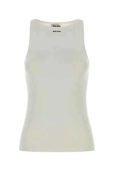 Miu Miu Ribbed Cotton Tank Top With Crew Neckline In White