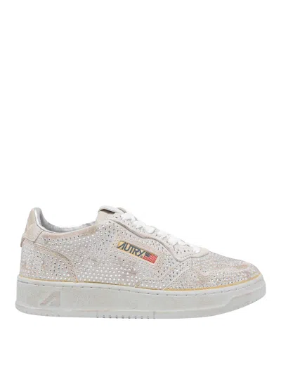 Autry Medalist Low Sneakers In Worn-out Effect Suede With Rhinestones In White