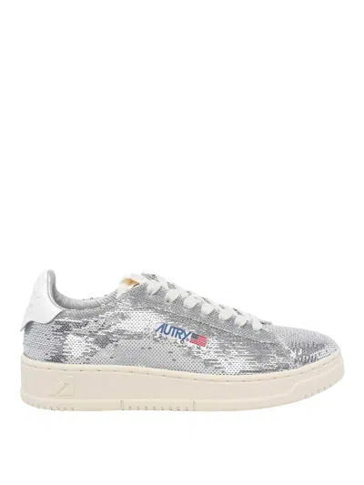 Autry Dallas Low Sparkling Sneakers In Silver And White Sequins Shoes In Silver
