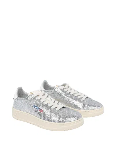 Autry Dallas Low Sparkling Sneakers In Silver And White Sequins Shoes In Silver