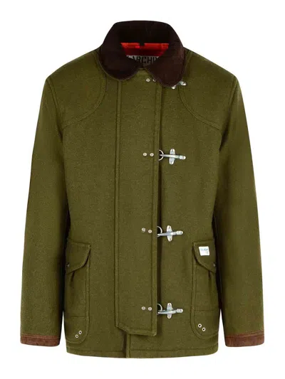 Fay 4-hook Jacket In Brown With Ribbed Collar In Green