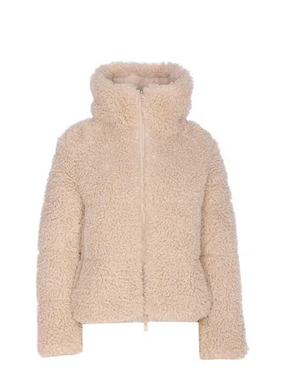 Save The Duck Cropped Faux Fur Jacket With High Collar And Full Zip Closure In Nude