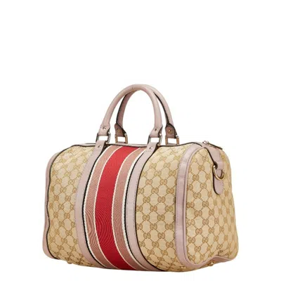 Pre-owned Gucci Gg Canvas Beige Purple Gg Canvas Leather Boston Bag Shoulder Bag () In Multi