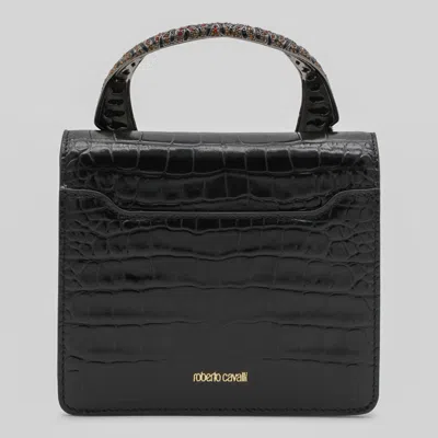 Roberto Cavalli Crocodile Texture Cross-body Bag With Chain Strap In Black