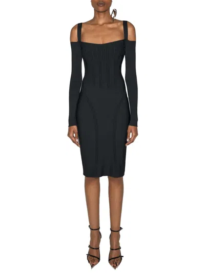 Mugler Ribbed Off-shoulder Mini Dress In Black