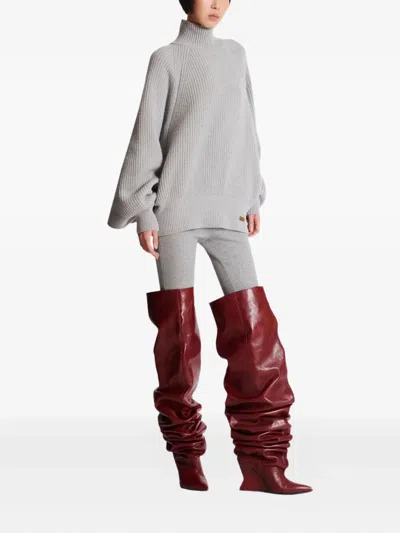 Balmain Oversized Turtleneck Ribbed Knit Sweater In Gray