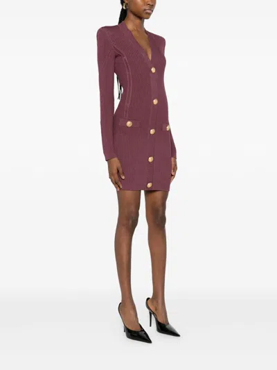 Balmain Mini Dress With Button Detailing And Pockets In Purple