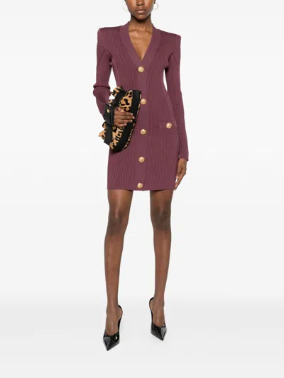 Balmain Mini Dress With Button Detailing And Pockets In Purple
