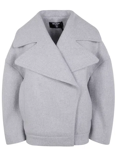 Balmain Oversized Wool Caban Featuring Pockets In Gray