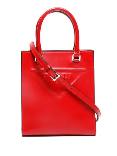 Pre-owned Prada 2020-2025s Mini 2way Triangle Embossed Tote Bag In Red